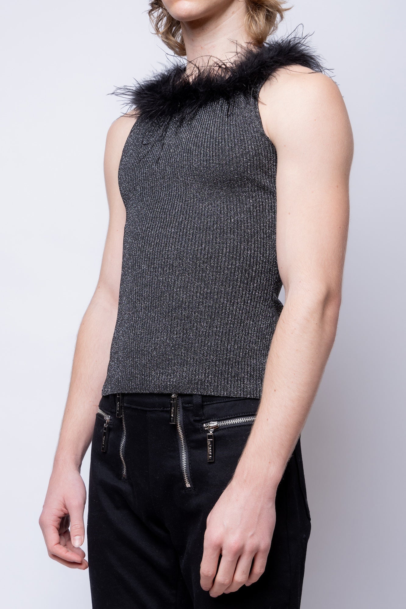 FANG Top Lurex Square Neck Feather Tank 