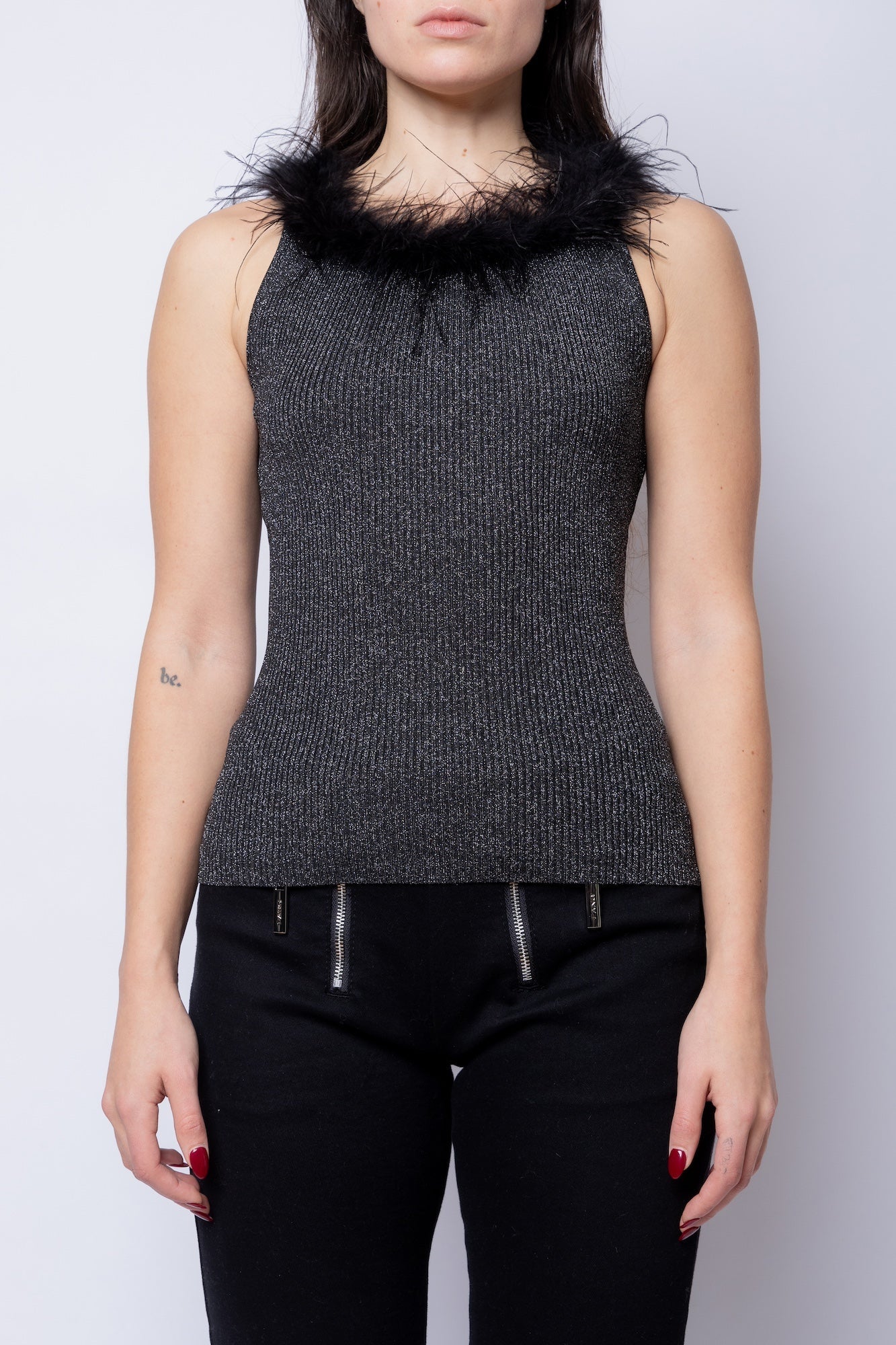 FANG Top Lurex Square Neck Feather Tank 