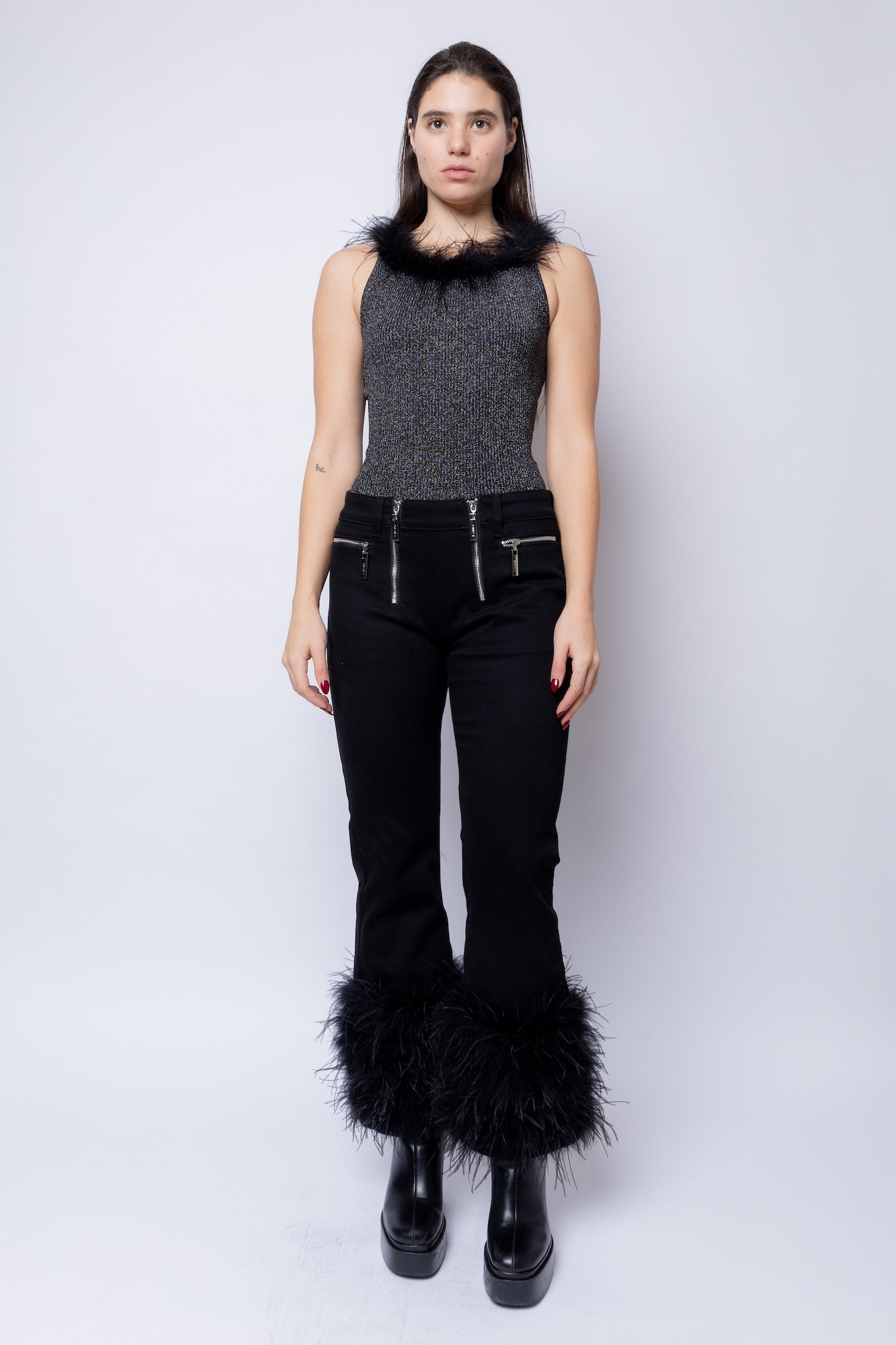 FANG Top Lurex Square Neck Feather Tank 