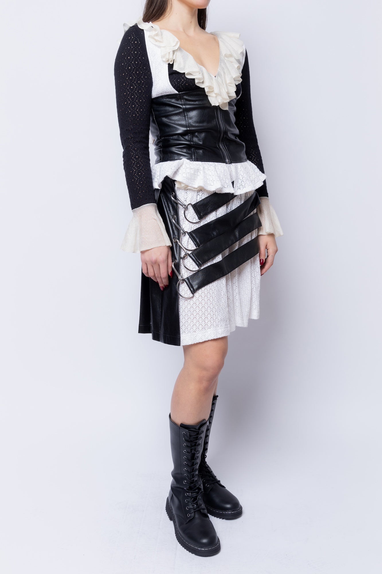 FANG  Pointelle/Leather Mix Media Midi Skirt 